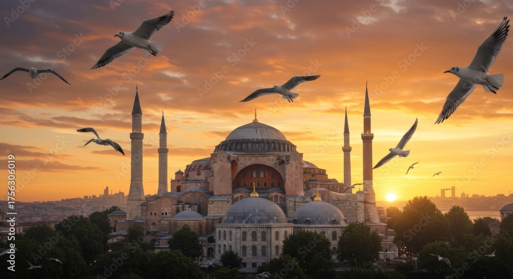 Fototapeta premium Golden sunrise over Hagia Sophia mosque, Istanbul Turkey