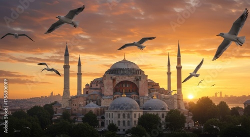Golden sunrise over Hagia Sophia mosque, Istanbul Turkey