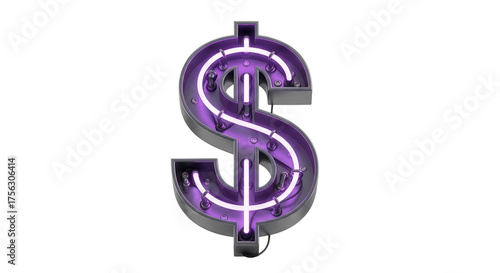 Illuminated purple neon dollar sign on black background