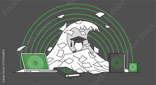 Illustration depicts a person overwhelmed by paperwork and technology, symbolizing workplace stress and academic pressure, with a focus on mental health.