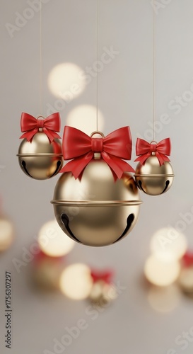 Golden Jingle Bells Decorated with Red Bows for Festive Holiday Cheer