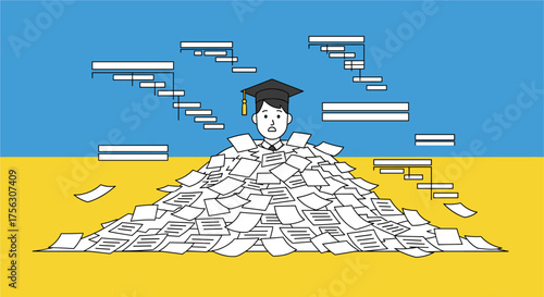 Overwhelmed student buried under a mountain of paperwork, symbolizing academic stress, pressure, and the challenges of education in a demanding learning environment.