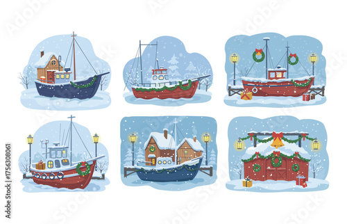 Winter holiday boats and coastal scenes for festive design
