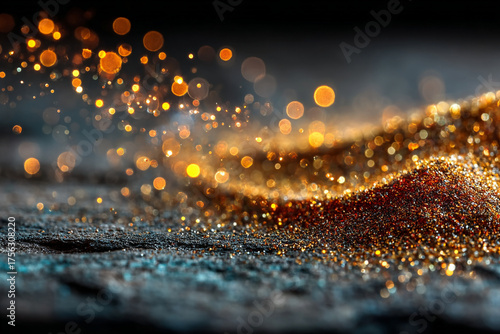 Sparkling festive card with golden glitter, glowing dust, and bokeh lights on black background — Christmas and celebration concept