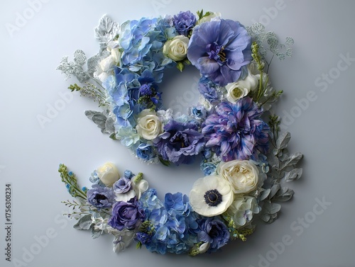 Floral number nine composed of blue, purple and white flowers with silver leaves, sophisticated botanical number on gray background