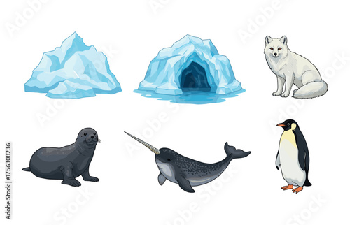 Arctic wildlife and iceberg icons for nature conservation design