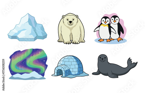 Arctic wildlife and icy landscapes icons for educational and environmental use