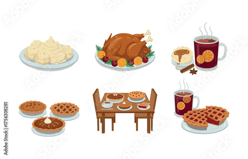 Thanksgiving feast and harvest dinner icons for festive design