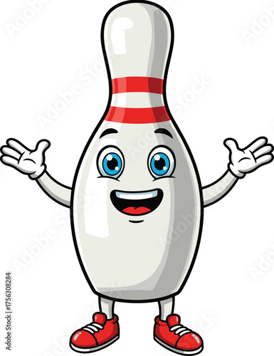 Happy cartoon bowling pin character with big smile, open arms, and red sneakers isolated on white background for sports design