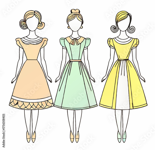 young girls paper doll models in vintage clothing cartoon vector illustratyion