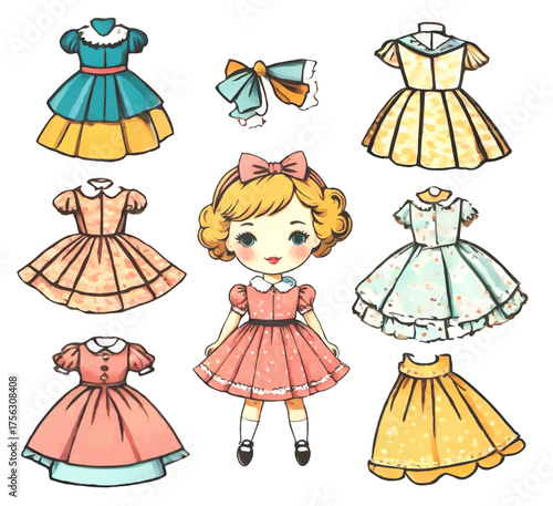 little girl paper doll with several dresses cartoon vector illustration