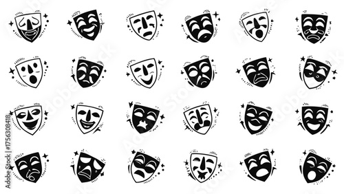 A dramatic collection of cartoon faces inspired by comedy and tragedy masks. Each face shows strong emotions like laughter, crying, anger, and surprise.