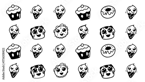 A cute assortment of cartoon faces drawn on sweets like cupcakes, donuts, and ice cream scoops.