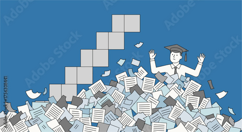 An overwhelmed graduate, buried in paperwork, struggles to climb a career ladder, symbolizing academic stress and workplace pressure, feeling depressed.