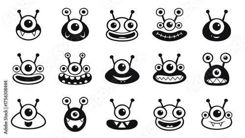 A group of cartoon alien faces with big expressive eyes and unusual mouth shapes. Some have antennae or multiple pupils.