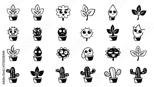 A group of cartoon plant characters featuring expressive faces on leaves, cacti, and stems.