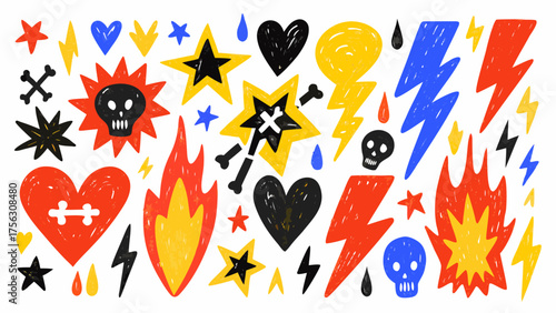 Punk cartoon doodle sticker collection with pencil rough texture. Hand drawn colorful vector tattoo illustrations. Funky black cats, rock'n'roll skulls, mystical eyes.