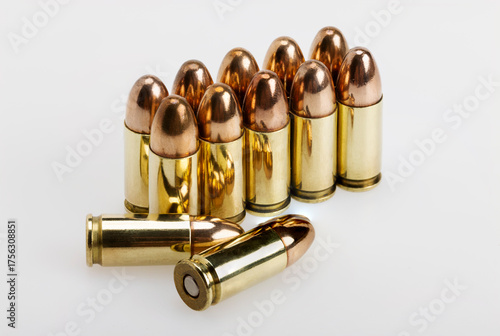 9 mm. gun bullets , Full metal jacket ammunition on white background