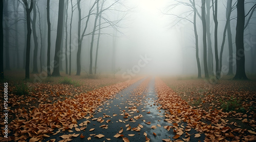 Foggy autumn forest path with orange leaves dreamy November misty landscape peaceful morning nature scene