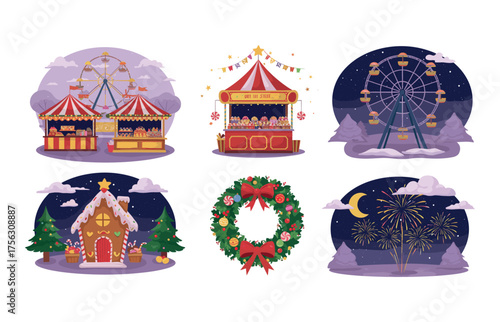 Festive holiday celebration icons for seasonal design and decoration