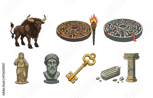 Mythical ancient greek symbols for historical posters and educational materials