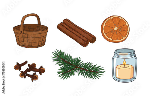 Cozy winter aromatherapy and seasonal decor icon set for design projects