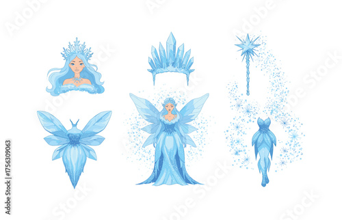 Winter fantasy ice queen magic icons for storytelling and design