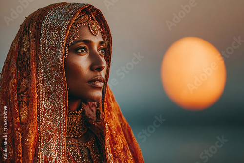 Indian woman observing the moon through a sieve during Karwa Chauth festival — traditional celebration and cultural ritual