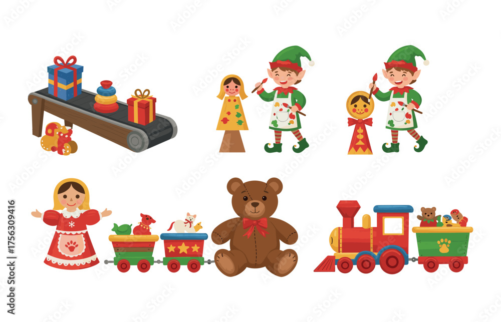 Fototapeta premium Festive toy workshop icons for holiday design and marketing