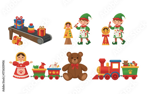 Festive toy workshop icons for holiday design and marketing