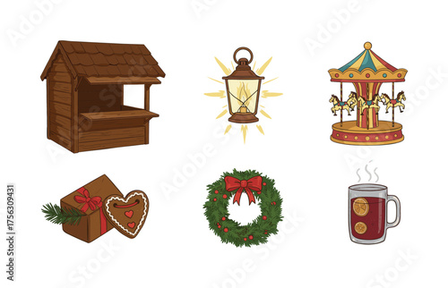 Festive holiday market icons for seasonal design and decoration