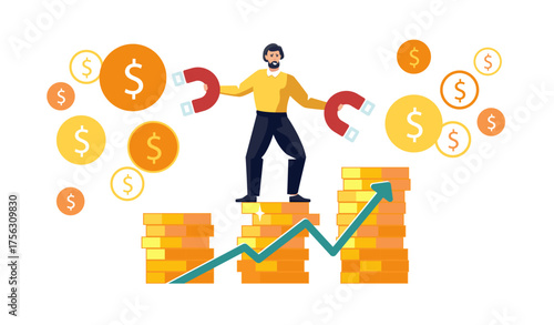 Concept of attracting financial investments. Man on a column of dollar gold coins with a large magnet attracts money productivity growth. Profit, people, banner. Business analysis. Vector illustration