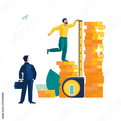 Businessman investor and worker using measuring tape to measure height of stack of money gold dollar coins, cents, ROI, wealth monitoring, financial goal, money success, people. Vector illustration