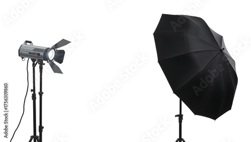 Photography lighting equipment including a spotlight and a png black umbrella on a black background studio