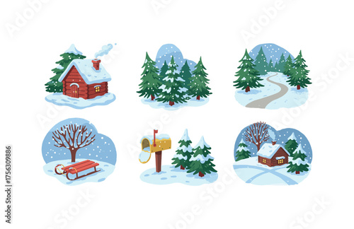 Cozy winter scenery icons for seasonal design and holiday themes