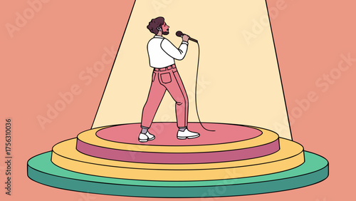 Performer Standing on Circular Multicolor Stairs Under Spotlight – Vector Illustration with Stage Aesthetic