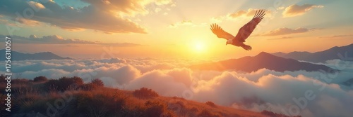 A triumphant bird soaring high above a vast, open landscape, symbolizing the achievement of freedom and victory , strength, achievement