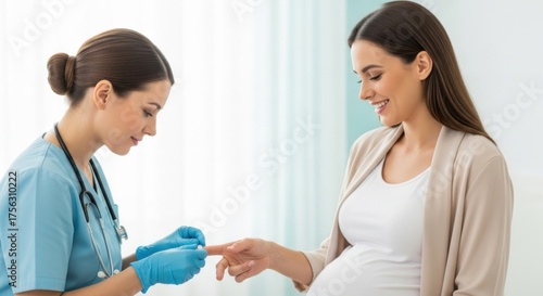 Female doctor in blue scrubs explains NIPT to pregnant woman during consultation. Perfect for pregnancy, healthcare, and maternal health content. Ideal for websites
