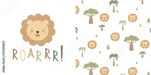 A cute lion cub with the inscription Roar. Vector seamless pattern and print for clothing.