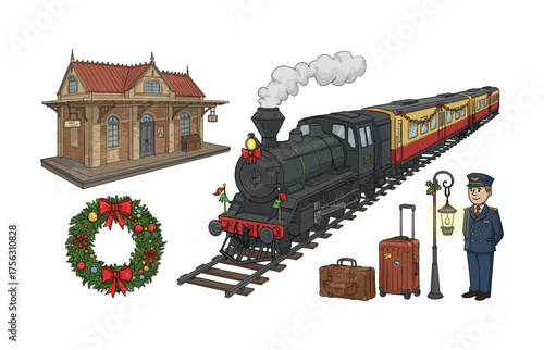 Festive train travel icons for holiday season design and marketing