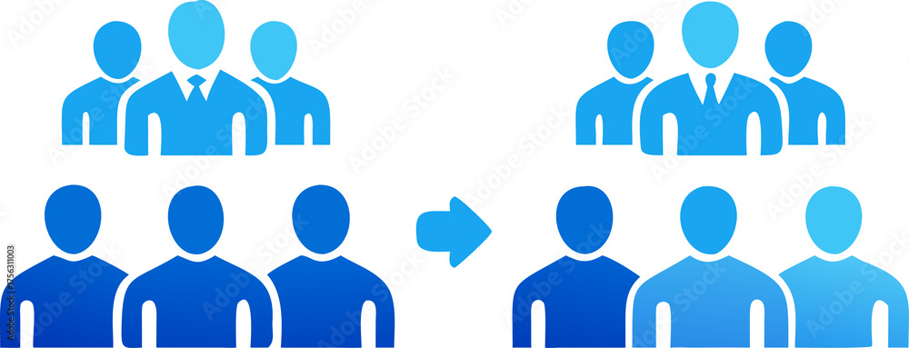 Obraz premium Six stylized human figures divided into two groups with a connecting arrow symbol