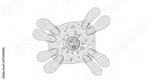 Detailed 3D rendering of a single-celled Entamoeba histolytica with pseudopodia, isolated on a white background, showcasing its intricate cellular structure.