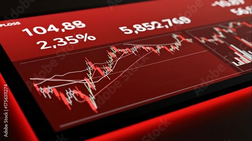 Digital screen shows stock market crash data in red. Financial crisis, investment loss, and economic recession concept. Bearish market chart animation