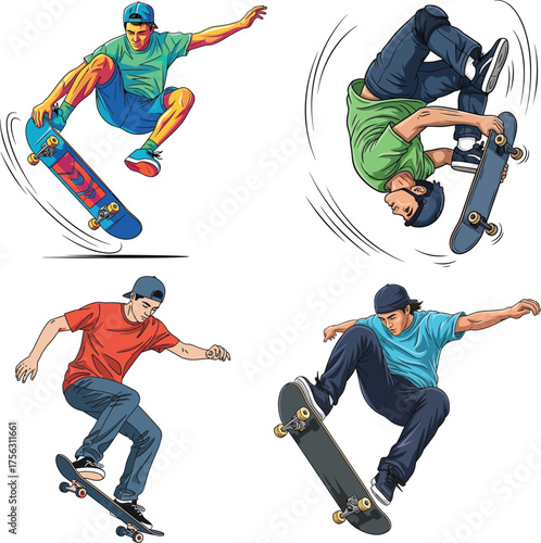 Skateboarders in Action Dynamic Illustrations of Skateboarding Tricks and Freestyle Moves