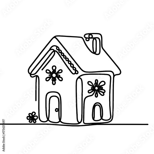 Gingerbread house decorated for Christmas in simple line art style  