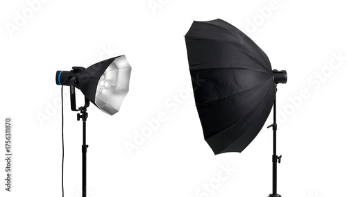 Studio Photography Lighting Equipment with Softbox and Umbrella on png Black Background strobe
