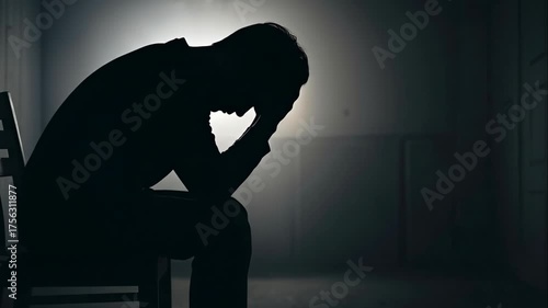 Silhouette of a depressed man sitting on a chair in a dark room. A lonely person suffering from grief and stress. Mental health and despair concept