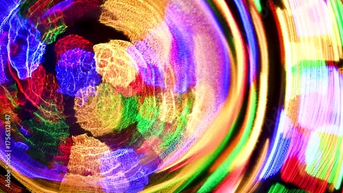 Abstract dynamic background of neon glow multicolored  spots on dark background. Reflection of human thoughts, neuroprocesses in brain. Circular movement around