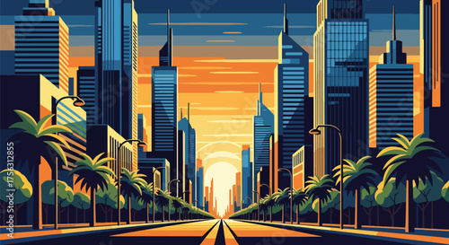 Vector art of a modern Dubai city boulevard lined with palm trees and futuristic skyscrapers under a warm sky, symbolizing luxury, progress, and urban lifestyle