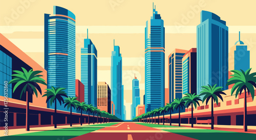 Vector art of a modern Dubai city boulevard lined with palm trees and futuristic skyscrapers under a warm sky, symbolizing luxury, progress, and urban lifestyle